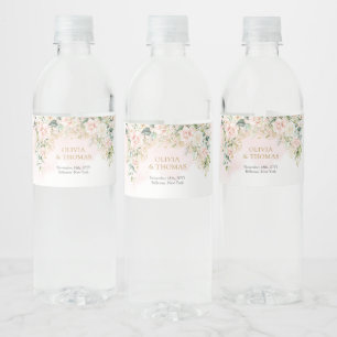 Elegant light pink roses green gold wedding water bottle label