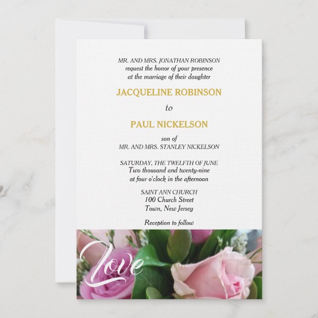 Elegant Light Pink Roses Love Gold White  Invitation (Front)