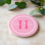 Elegant Light Pink Round Custom Monogram Initial Coaster<br><div class="desc">Elegant round personalised beverage drink coaster design features a classic custom serif monogram initial in a hot magenta pink colour with your last name in modern white calligraphy script against a pretty light pink background. A simple white circle frames the design. Colour scheme can be customised to coordinate perfectly with...</div>