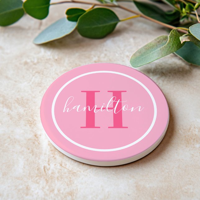 Elegant Light Pink Round Monogram Script Coaster (Creator Uploaded)