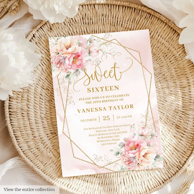 Elegant Light Pink Sage Gold Floral Sweet Sixteen Invitation (Elegant Light Pink Sage Gold Floral Sweet Sixteen Invitation)