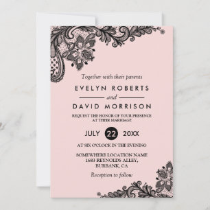Elegant Light Pink with Black Lace Formal Wedding Invitation