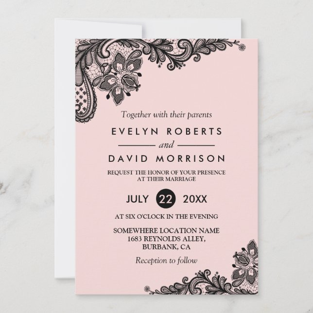 Elegant Light Pink with Black Lace Formal Wedding Invitation (Front)