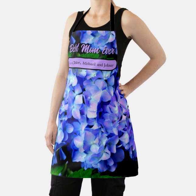 Elegant light purple blue magenta floral hydrangea apron (Insitu)