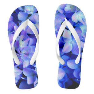 Elegant light purple blue magenta floral hydrangea flip flops