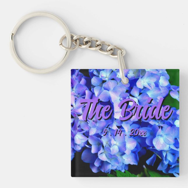 Elegant light purple blue magenta floral hydrangea key ring (Front)