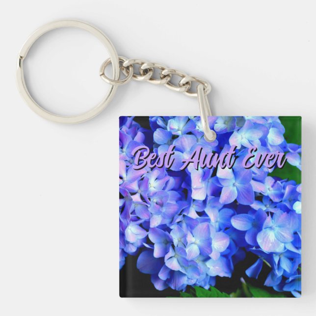 Elegant light purple blue magenta floral hydrangea key ring (Front)