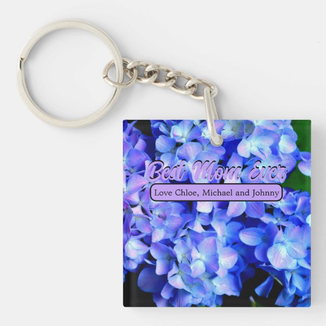 Elegant light purple blue magenta floral hydrangea key ring (Front)