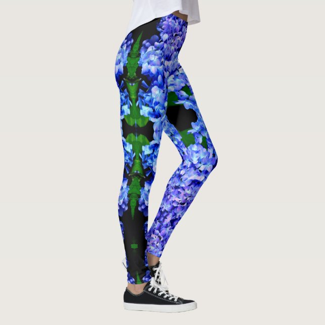 Elegant light purple blue magenta floral hydrangea leggings (Right)