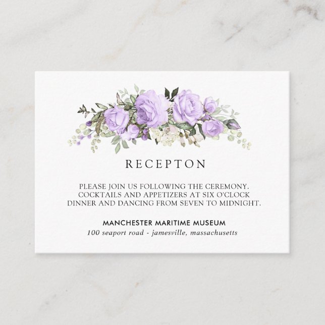 Elegant Light Purple Floral Wedding Reception Enclosure Card (Front)