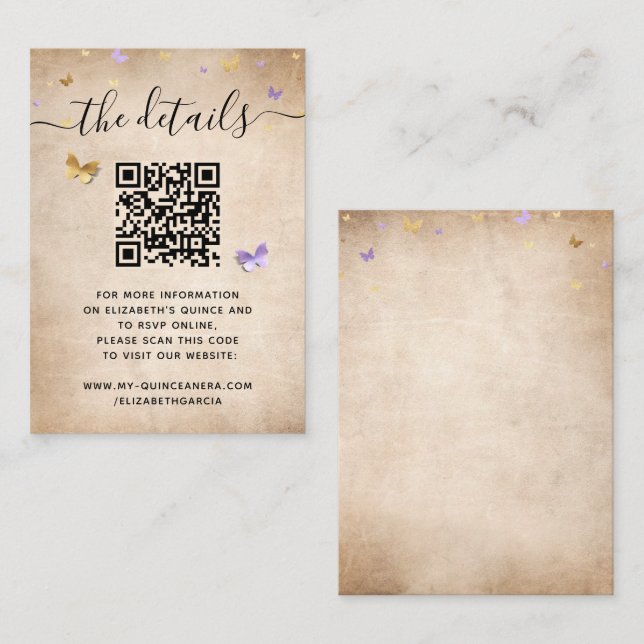 Elegant Light Purple Gold Butterfly RSVP QR Code Enclosure Card (Front/Back)