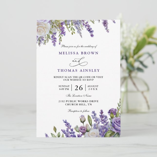 Elegant Light Purple Lavender QR Code Wedding Invitation (Standing Front)