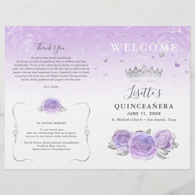 Elegant Light Purple Silver Quinceanera Program (Front)