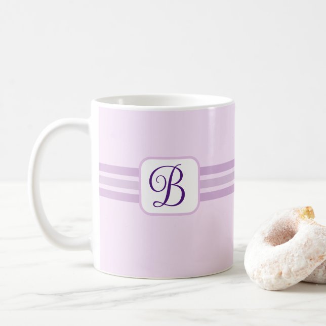 Elegant Light Purple Striped Fancy Initial Coffee Mug (With Donut)