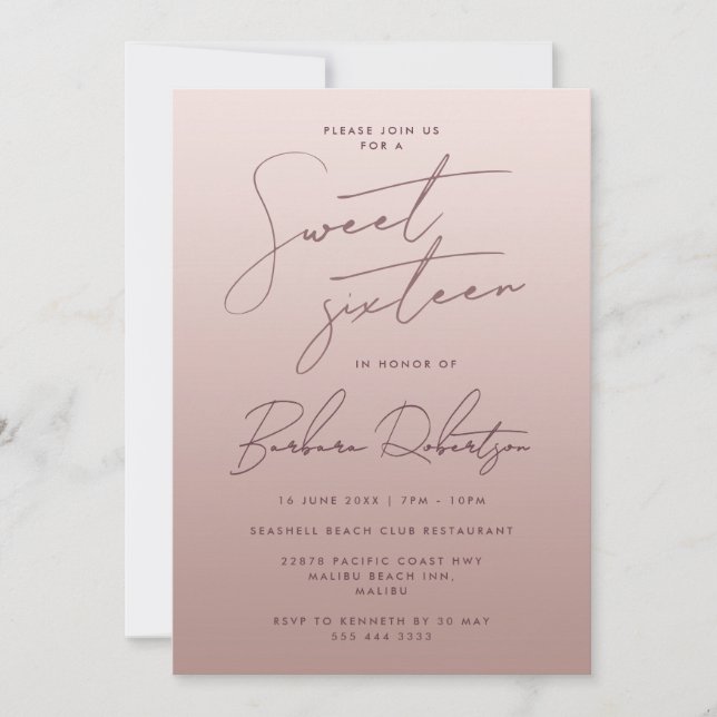 Elegant Light Rose Gold Ombre Script Sweet Sixteen Invitation (Front)