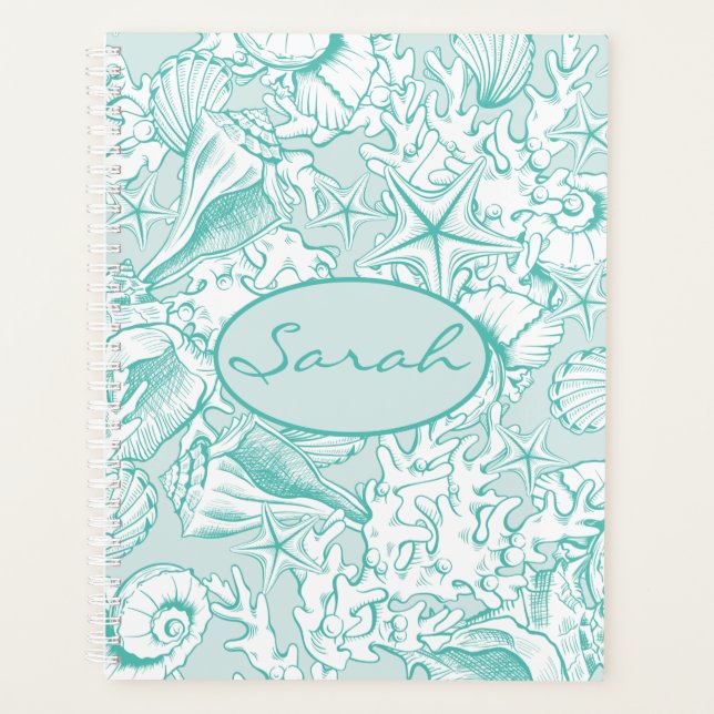 Elegant Light Sea Green Personalised Seashell Planner (Front)