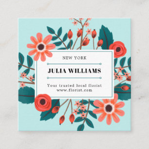 Elegant light teal cute floral boho flower bouquet square business card