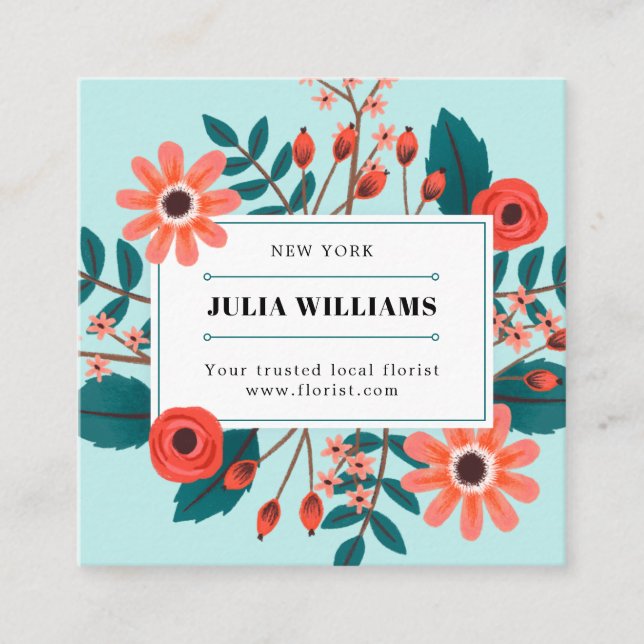 Elegant light teal cute floral boho flower bouquet square business card (Front)