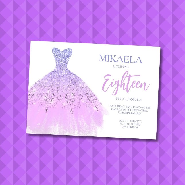 Elegant Lila Gown Glitter 18th Birthday Invitation (Creator Uploaded)