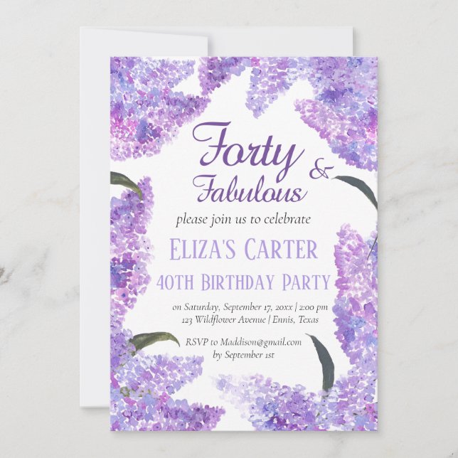 Elegant Lilac 40th Feminine Wildflower Birthday  Invitation (Front)