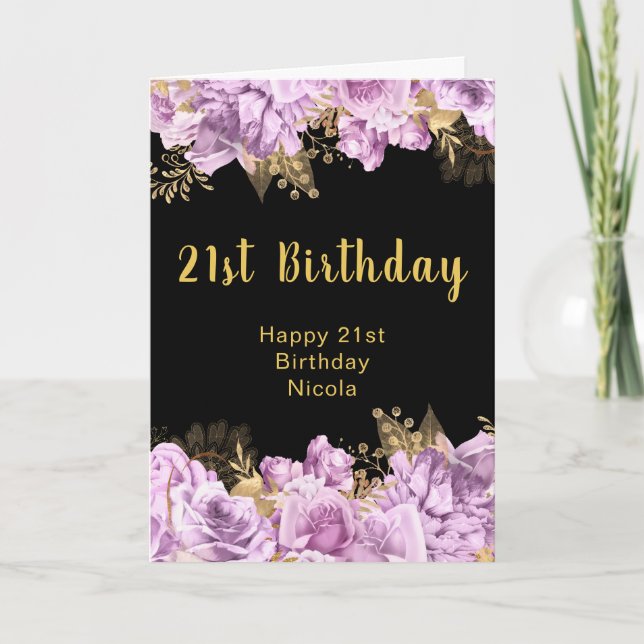 Elegant Lilac and Gold Flowers Birthday Party Card (Front)
