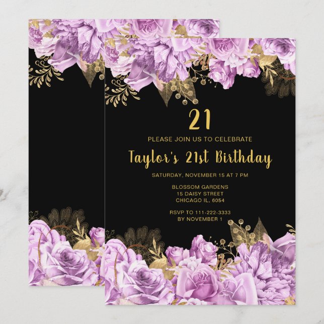 Elegant Lilac and Gold Flowers Birthday Party Invitation (Front/Back)
