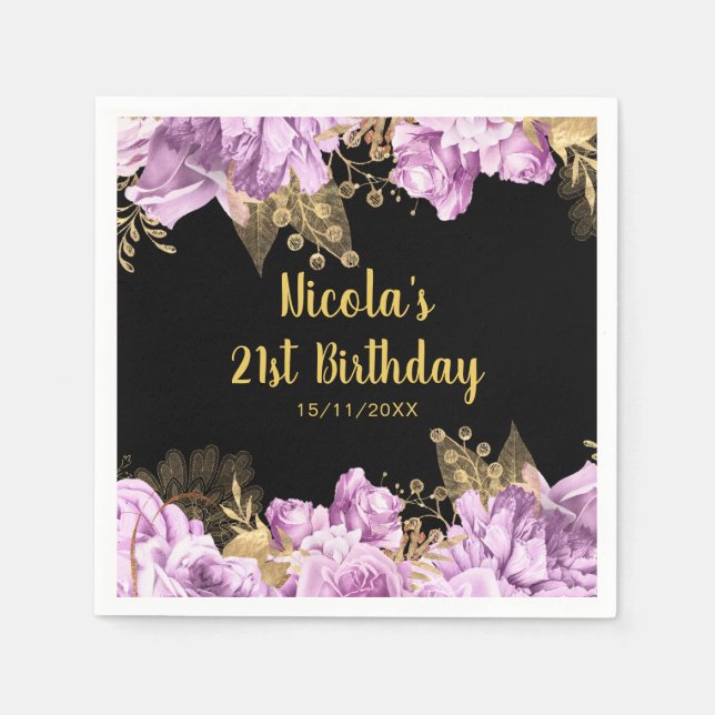 Elegant Lilac and Gold Flowers Birthday Party Napkin (Front)