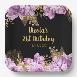 Elegant Lilac and Gold Flowers Birthday Party Paper Plate