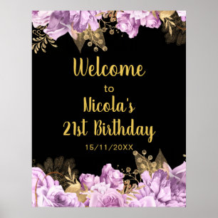 Elegant Lilac and Gold Flowers Birthday Party Poster