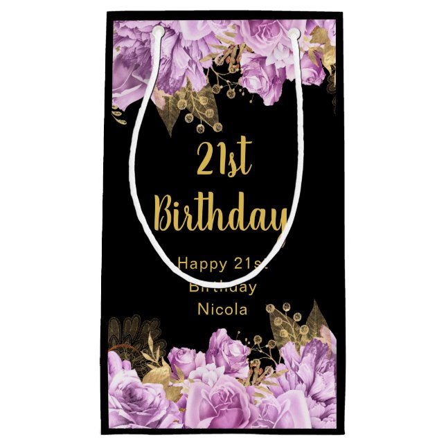 Elegant Lilac and Gold Flowers Birthday Party Small Gift Bag (Front)