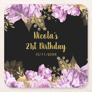 Elegant Lilac and Gold Flowers Birthday Party Square Paper Coaster