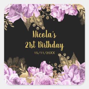Elegant Lilac and Gold Flowers Birthday Party Square Sticker
