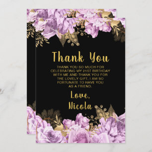 Elegant Lilac and Gold Flowers Birthday Party Thank You Card