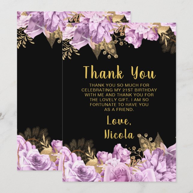 Elegant Lilac and Gold Flowers Birthday Party Thank You Card (Front/Back)