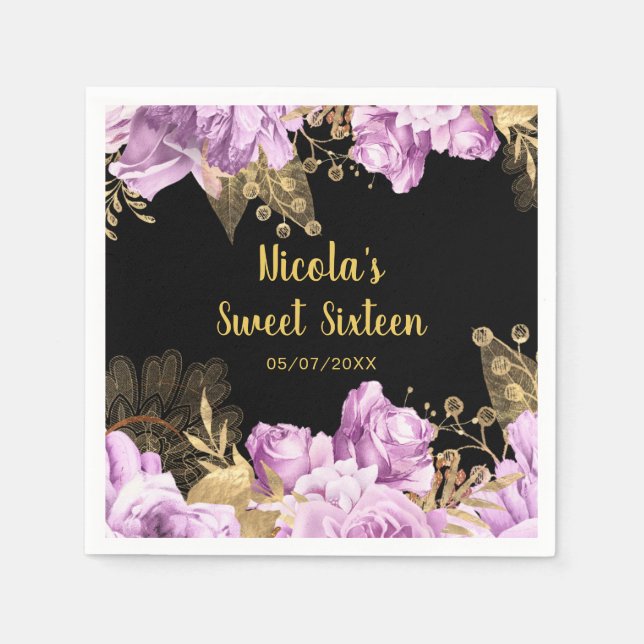Elegant Lilac and Gold Flowers Sweet Sixteen Napkin (Front)