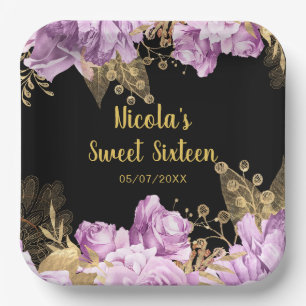 Elegant Lilac and Gold Flowers Sweet Sixteen Paper Plate