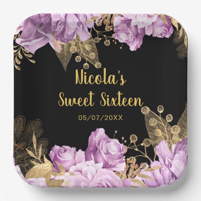 Elegant Lilac and Gold Flowers Sweet Sixteen Paper Plate (Front)