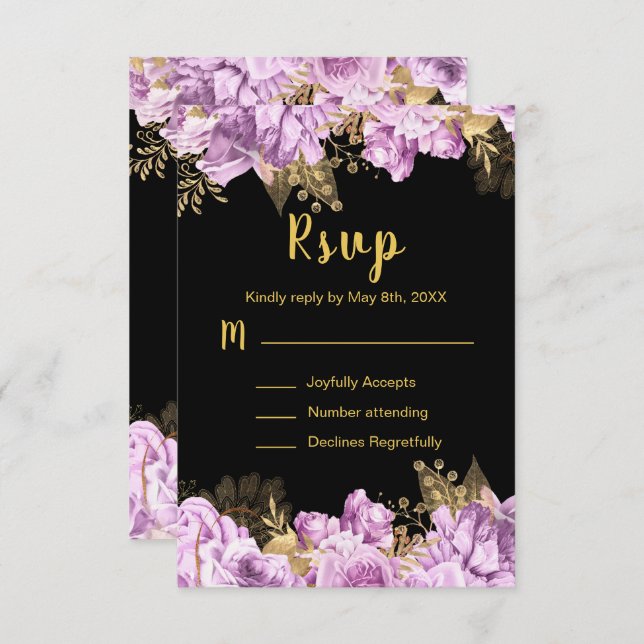 Elegant Lilac and Gold Flowers Sweet Sixteen RSVP Card (Front/Back)