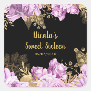 Elegant Lilac and Gold Flowers Sweet Sixteen Square Sticker