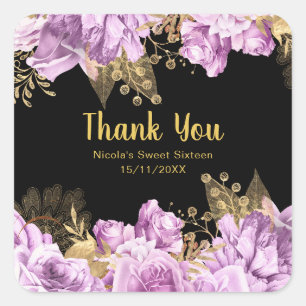 Elegant Lilac and Gold Flowers Sweet Sixteen Square Sticker
