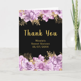 Elegant Lilac and Gold Flowers Sweet Sixteen Thank You Card