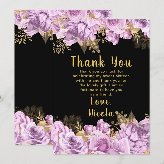 Elegant Lilac and Gold Flowers Sweet Sixteen Thank You Card (Front/Back)