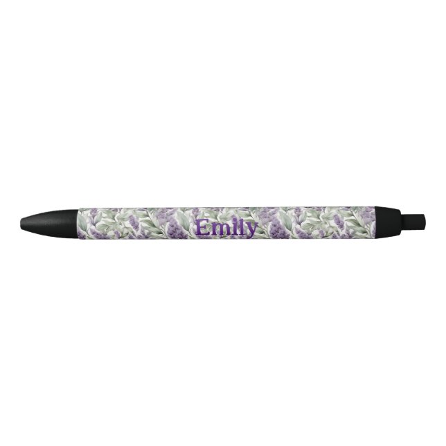 Elegant Lilac and Sage personalized floral  Black Ink Pen (Front)