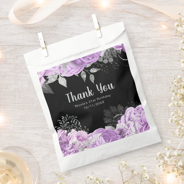Elegant Lilac and Silver Flowers Birthday Party Favour Bags (Clipped)