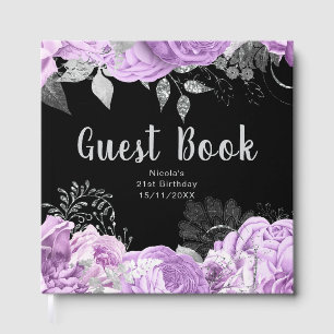 Elegant Lilac and Silver Flowers Birthday Party Guest Book