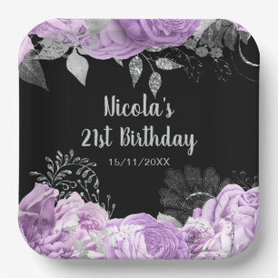Elegant Lilac and Silver Flowers Birthday Party Paper Plate