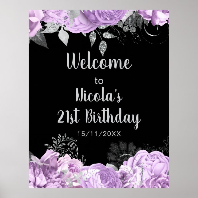 Elegant Lilac and Silver Flowers Birthday Party Poster (Front)