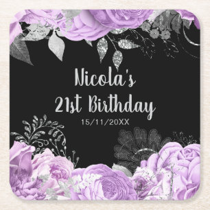 Elegant Lilac and Silver Flowers Birthday Party Square Paper Coaster