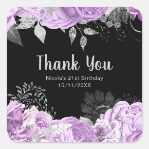 Elegant Lilac and Silver Flowers Birthday Party Square Sticker