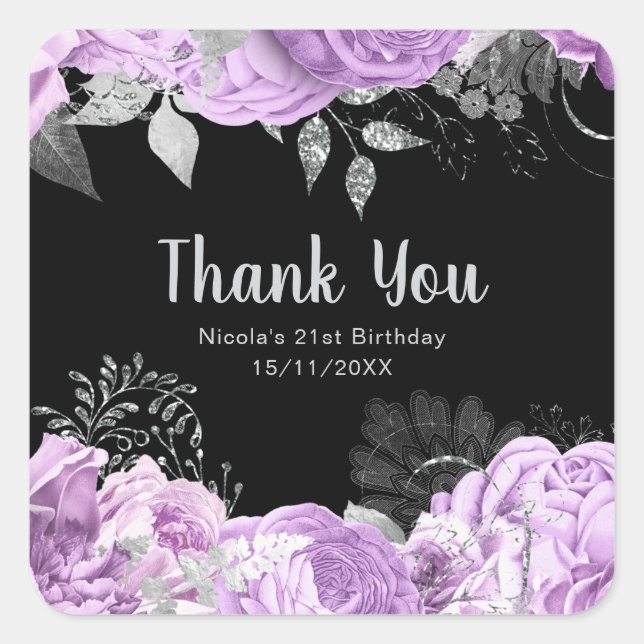 Elegant Lilac and Silver Flowers Birthday Party Square Sticker (Front)